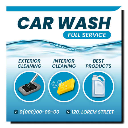 Car Wash Service Creative Promotion Poster Vector. Car Wash Products For Cleaning Automobile Interior And Exterior Advertising Banner. Sponge And Liquid For Clean Style Concept Template Illustrationのイラスト素材