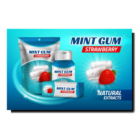 Mint Strawberry Gum Creative Promo Poster Vector. Bubble Gum With Natural Ripe Berry Taste Blank Bottle, Package And Bag On Advertising Banner. Chewy Candy Style Concept Template Illustrationのイラスト素材