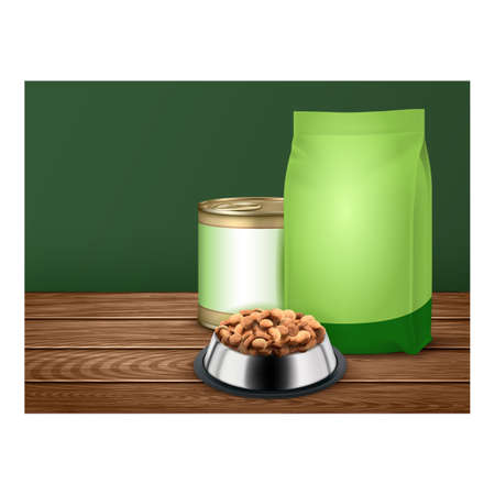 Animal Pet Food Creative Promotional Banner Vector. Domestic Pet Food In Stainless Dishware, Metallic Blank Container And Bag On Advertising Poster. Nourishment Style Concept Template Illustrationのイラスト素材
