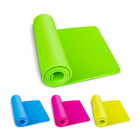 Fitness Mat For Training Yoga Exercise Set Vector. Multicolored Fitness Mat For Exercising And Bodycare In Gym. Gymnastic Mattress Accessory For Aerobic And Fit Template Realistic 3d Illustrationsのイラスト素材