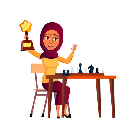 Happy teen girl with trophy award. Young person win. Funny positive portrait. vector character flat cartoonのイラスト素材