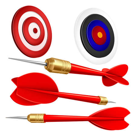 Target arrow goal dart set. Business hit. Aim gart game. Bullseye objective. Dartboard target concept. Accurate focus arrow strategy 3d realistic vectorのイラスト素材