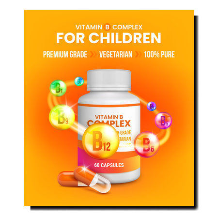 Children Vitamin health poster. Food supplement. Natural cemistry vitamin. realistic poster vector Illustrationのイラスト素材