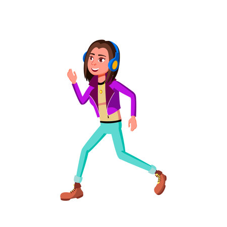 Girl Listen Music In Earphone And Dancing Vector. Lady Teenager Listening Audio Track In Headphones And Dancing Outdoor. Character Dancer Funny Leisure Time Flat Cartoon Illustrationのイラスト素材
