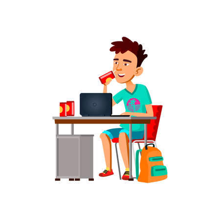 Teenager Boy Drinking Soda At Workplace Vector. Teen Make Home Exercise On Computer And Drinking Sweet Drink From Bottle. Character Working On Laptop And Enjoying Beverage Flat Cartoon Illustrationのイラスト素材