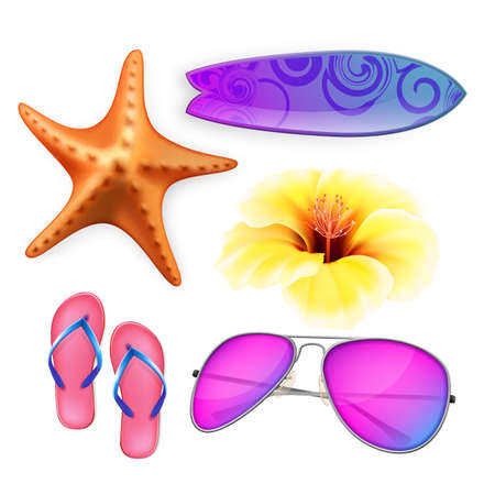 Beach Vacation Accessories And Nature Set Vector. Sleepers, Sunglasses And Surfer Surfboard For Active Resting On Beach. Starfish And Aromatic Flower Bud Template Realistic 3d Illustrationsのイラスト素材