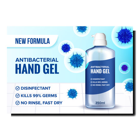 Antibacterial Hand Gel Promotion Poster Vector. Antibacterial Hand Gel Blank Bottle With Pump And Germs On Advertising Banner. Disinfectant For Killing Bacteria Style Concept Template Illustrationのイラスト素材