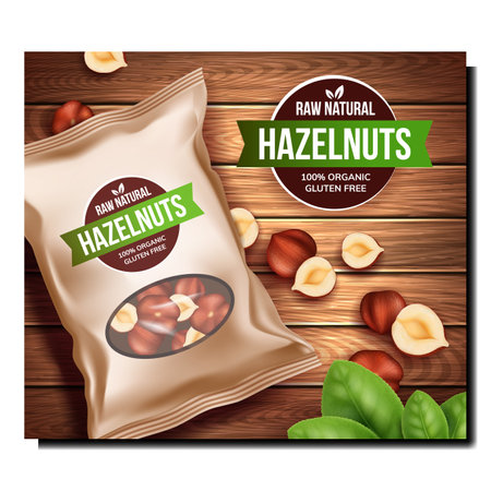 Hazelnuts Snack Creative Promotional Poster Vector. Raw Natural Hazelnuts Blank Bag, Nuts And Leaves On Wooden Surface Advertise Banner. Vitamin Food Style Concept Template Illustrationのイラスト素材