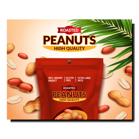 Roasted Peanuts Creative Promotion Poster Vector. Roasted Peanuts Blank Package, Natural Nuts And Palm Green Leaves On Advertising Banner. Snack Packaging Style Concept Template Illustrationのイラスト素材