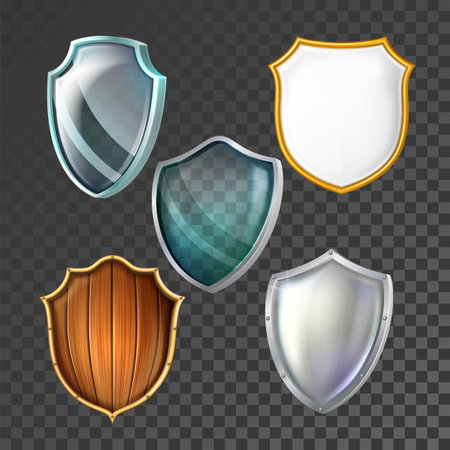 Shield protect guard set. Safety emblem. Defense background. Safe symbol. Care icon badge. Transparent glass, wooden, gold, metal shield protect blank. 3d realistic vectorのイラスト素材