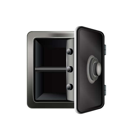 Bank Safe Opened And Empty Metallic Tool Vector. Open Steel Bank Safe For Storage Finance, Gold And Document. Banking Safety Box For Saving Cash, Security Equipment Template Realistic 3d Illustrationのイラスト素材