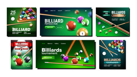 Billiard Creative Promotion Posters Set Vector. Billiard Competition And Championship Event In Sport...