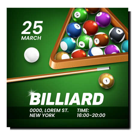 Billiard Game Creative Promotion Banner Vector. Billiard Balls In Triangle And Wooden Stick On...