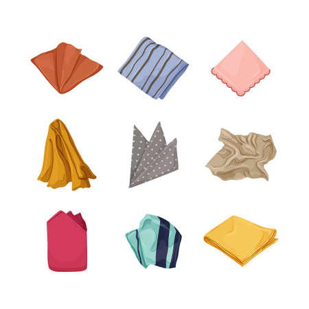 handkerchief towel, fabric napkin, kitchen cloth, clean foldedblanket cartoon icons set vector illustrationsのイラスト素材