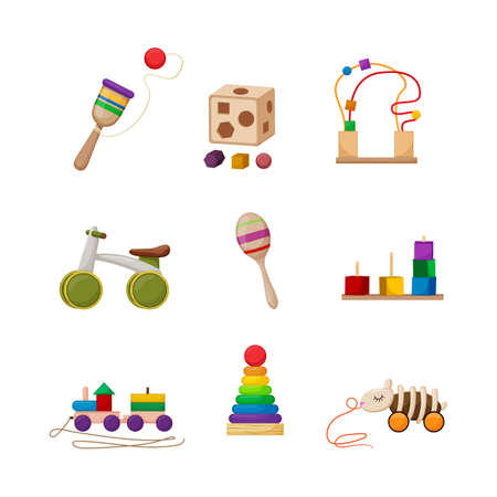 toy wooden baby, child play, toddler woon car, kid home room, children blocks cartoon icons set vector illustrationsのイラスト素材