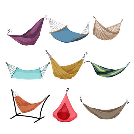 hammock relax summer, person vacationn, beach tree, garden swing, palm sleep cartoon icons set vector illustrationsのイラスト素材