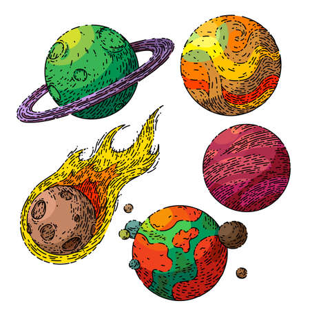 planet space set hand drawn vector. moon star, comet universe, solar galaxy, cosmos astronomy, sky system planet space sketch. isolated color illustrationのイラスト素材