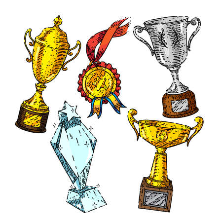 trophy cup set hand drawn vector. award winner, champion prize, victory win, sport competition, first place medal trophy cup sketch. isolated color illustrationのイラスト素材