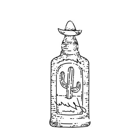 tequila bottle hand drawn vector. shot, agave mexico alcohol, mexican glass tequila bottle sketch. isolated black illustrationのイラスト素材