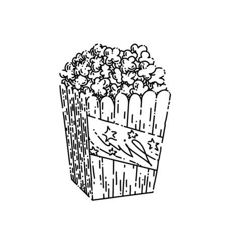 popcorn hand drawn vector. pop corn, cinema movie box, food bucket, film snack, red bag container popcorn sketch. isolated black illustrationのイラスト素材