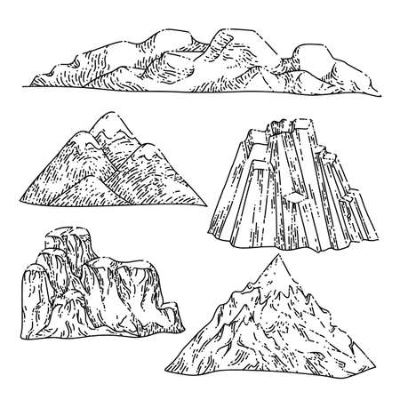 mountain landskape set hand drawn vector. nature background, vintage forest, hill adventure, rock peak, valley hiking, climbing travel mountain landskape sketch. isolated black illustrationのイラスト素材