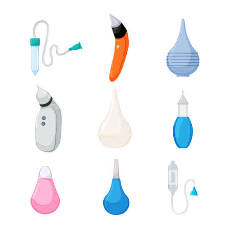 nasal aspirator set cartoon. baby nose, mucus suction, child electric cleaner, sick flu newborn nasal aspirator vector illustrationのイラスト素材