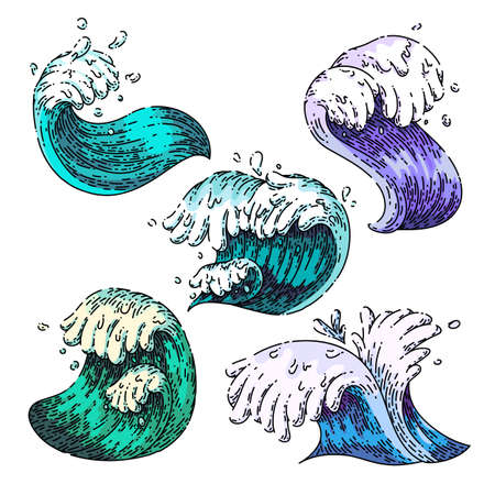 sea ocean waves set hand drawn vector. water surf beach, summer storm, blue splash, marine tide sea ocean waves sketch. isolated color illustrationのイラスト素材