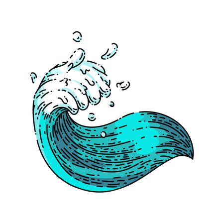 sea ocean waves hand drawn vector. water surf beach, summer storm, splash, marine tide sea ocean waves sketch. isolated color illustrationのイラスト素材