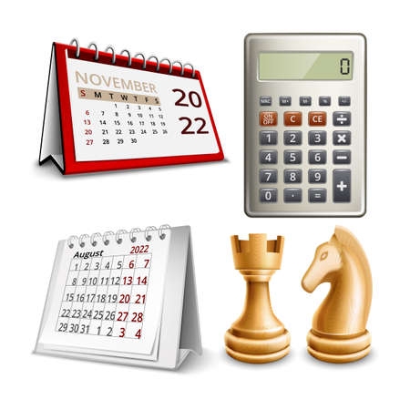 Strategy Business Accessories And Game Set Vector. Accountant Calculator For Counting Finance, Calendar For Managing Meeting And Chess Figures For Playing Game Template Realistic 3d Illustrationsのイラスト素材