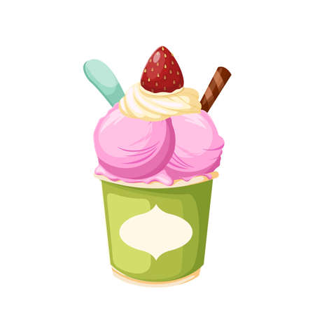 strawberry ice cream cartoon vector scoop food, pink summer frozen ball, sweet dessert color illustrationのイラスト素材