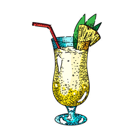 pina colada cocktail hand drawn vector. pineapple drink, rum glass, coconut tropical ice fruit pina colada cocktail sketch. isolated color illustrationのイラスト素材