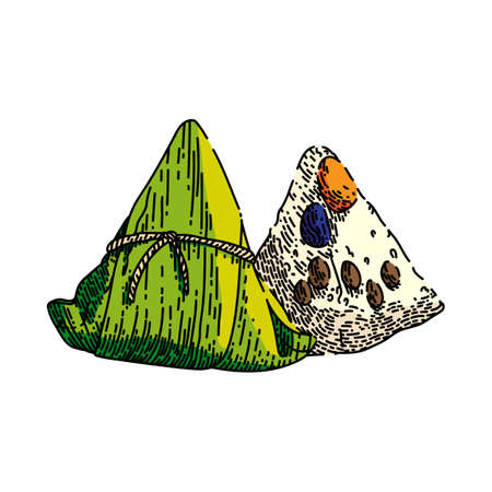 rice dumpling hand drawn vector. zongzi festival, sticky boat, dragon food rice dumpling sketch. isolated color illustrationのイラスト素材