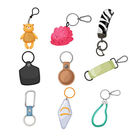 keychain key set cartoon. keyring ring, chain round holder, metal trinker, car silver keyholder keychain key vector illustrationのイラスト素材