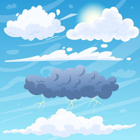cloud sky set cartoon vector weather art, heaven storm, nature rain, air dream flat cartoon color illustrationのイラスト素材