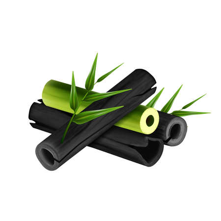 charcoal bamboo realistic vector. coat carbon, activated powder, black wood, natural green leaf, spa charcoal bamboo 3d isolated illustrationのイラスト素材