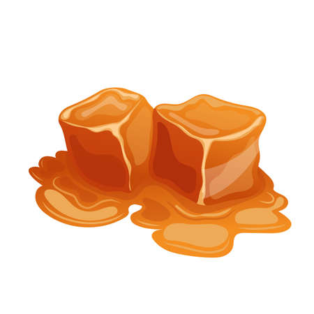 cubes melted caramel cartoon. toffee candy sauce, melted cube, cream pieces, sugar dessert cubes melted caramel vector illustrationのイラスト素材