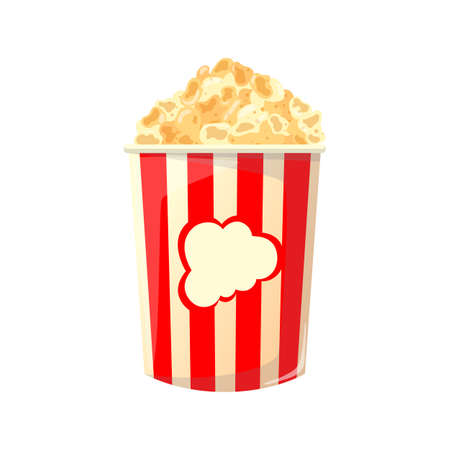 popcorn cartoon. pop corn, cinema movie box, food bucket, film snack, red bag container popcorn vector illustrationのイラスト素材