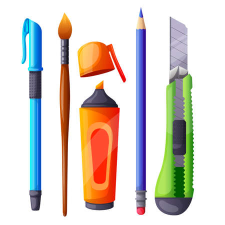 stationery school set cartoon. office pencil, pen, education supplies, business desk element, vintage tool stationery school vector illustrationのイラスト素材