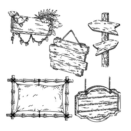 wooden signboard set hand drawn vector. banner old plank, frame blank, vintage arrow panel wooden signboard sketch. isolated black illustrationのイラスト素材