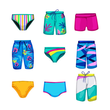 swimsuit men set cartoon. male summer, swimwear suit, man beach, fashion pants, bathing swimsuit men vector illustrationのイラスト素材
