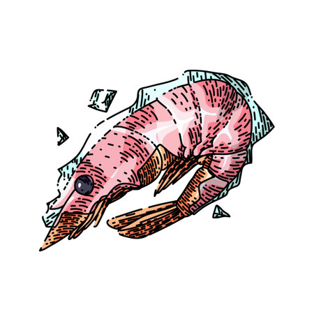 shrimp frozen hand drawn vector. ice seafood, raw food, fresh prawn fish, tail shellfish shrimp frozen sketch. isolated color illustrationのイラスト素材