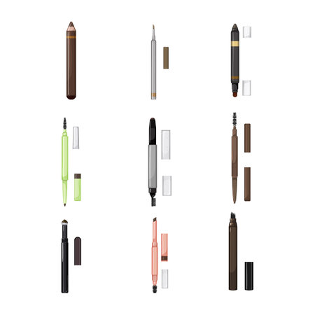 eyebrow pencil set cartoon. makeup pencil, beauty eye, cosmetic eyeliner, brown fashion, liner eyebrow pencil vector illustrationのイラスト素材