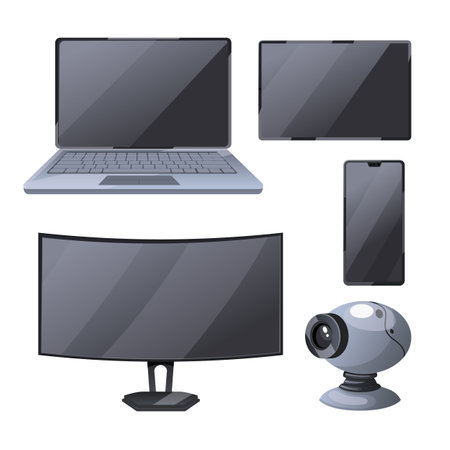 gadget device set cartoon. technology modern, digital electronic, phone laptop, equipment computer, mobile smart, smartphone gadget device vector illustrationのイラスト素材