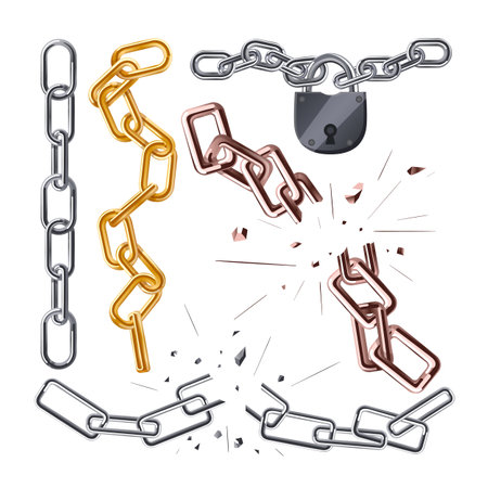 chain metal set cartoon. link steel, connection iron, concept object, security graphic, element, protection strength chain metal vector illustrationのイラスト素材