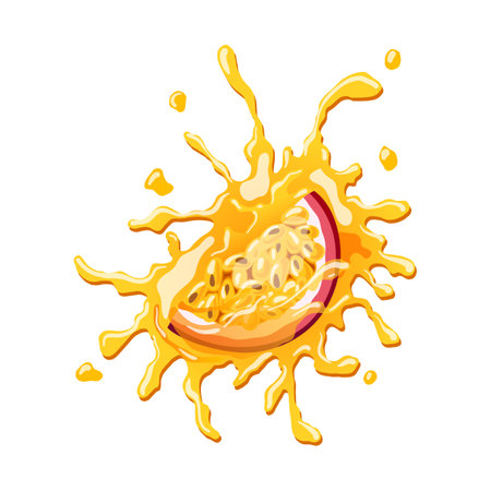 passion fruit juice cartoon. food fresh, tropical organic, splash passion, exotic ripe, diet cut, slice, half, juicy passion fruit juice vector illustrationのイラスト素材