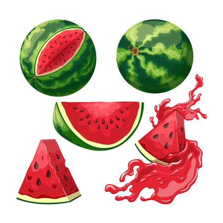 watermelon slice set cartoon. melon fruit, summer red, food green, fresh juicy, water piece, cut juice watermelon slice vector illustrationのイラスト素材