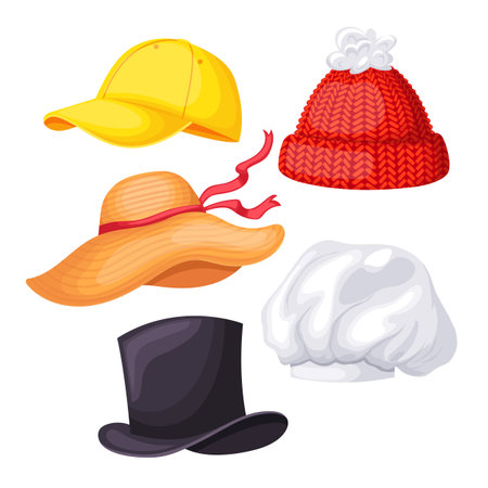 cap hat fashion set cartoon. female summer, straw woman, man, panama head, beach, cowboy, beret male headwear cap hat fashion vector illustrationのイラスト素材