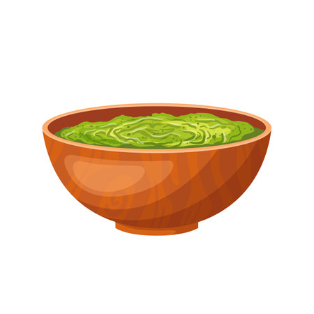 bowl pesto cartoon. sauce basil, green food, top dip, seasoning fresh, view recipe, ingredient table, traditional bowl pesto vector illustrationのイラスト素材