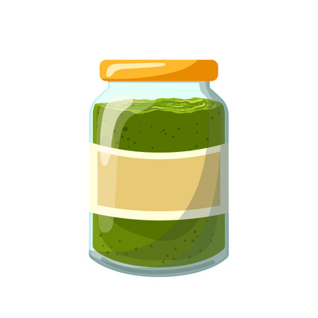 pesto bottle cartoon. basil food, herb glass, green oil, jar cooking, sauce cuisine, homemade healthy, fresh pesto bottle vector illustrationのイラスト素材