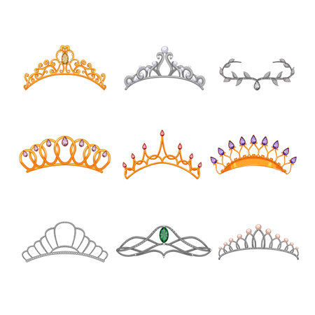 tiara crown set cartoon. princess queen, royal diadem, jewelry diamond, gold decoration, beauty tiara crown vector illustrationのイラスト素材